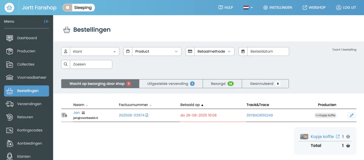 Het bestellingenoverzicht in het jortt.shop-dashboard