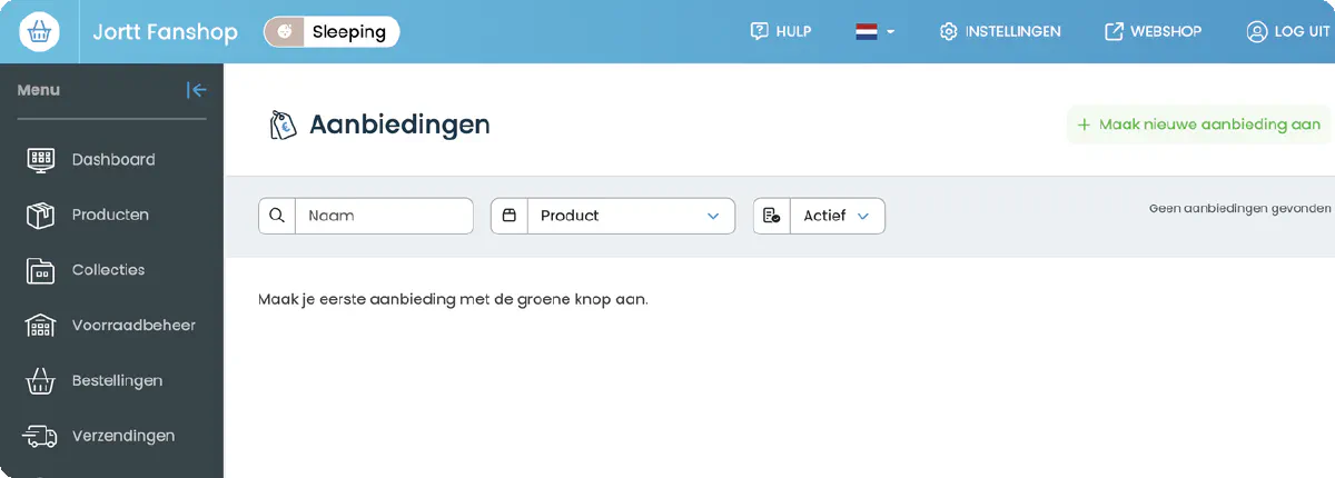 Het overzicht Aanbiedingen met de filters Naam, Product en Actief, en de knop om een nieuwe aanbieding te maken