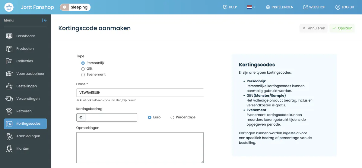 Het formulier voor het aanmaken van een kortingscode
