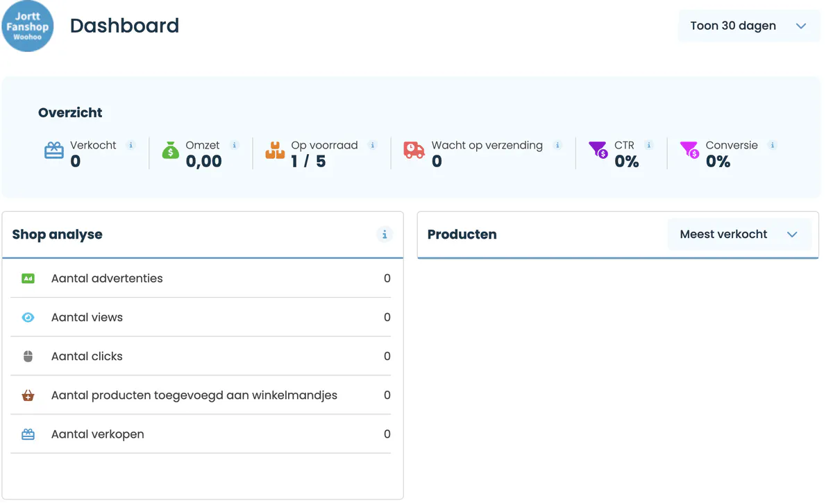 Het blok Overzicht en het blok Shop analyse op het dashboard