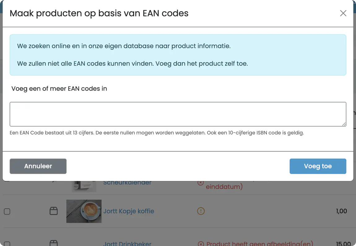 De dialoog Maak producten op basis van EAN codes