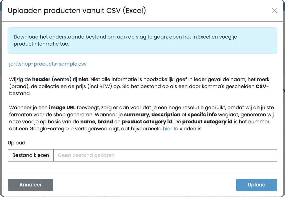 De dialoog Uploaden producten vanuit CSV met het voorbeeldbestand en de instructies