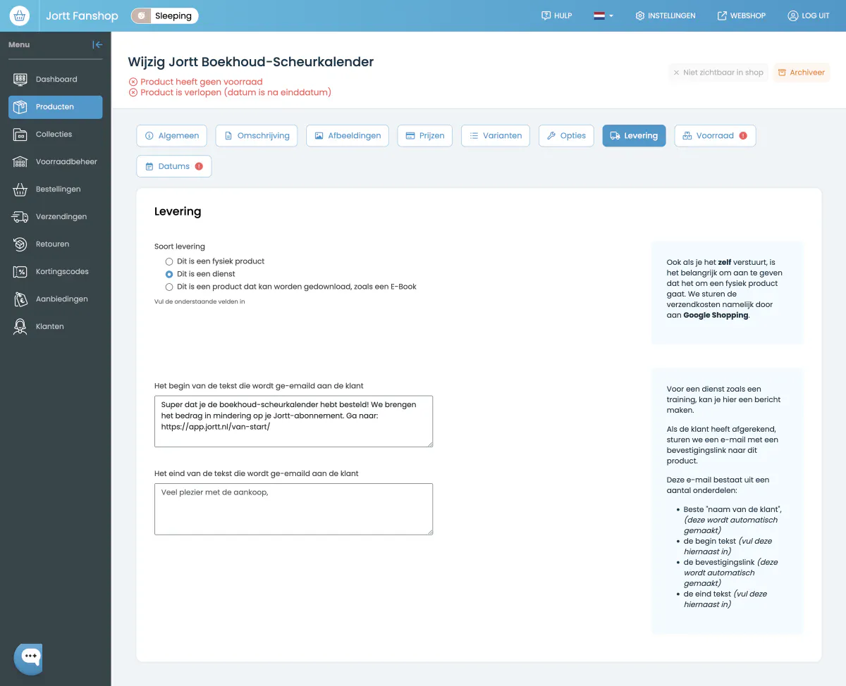 De velden voor de begin- en eindtekst van de e-mail bij een dienst