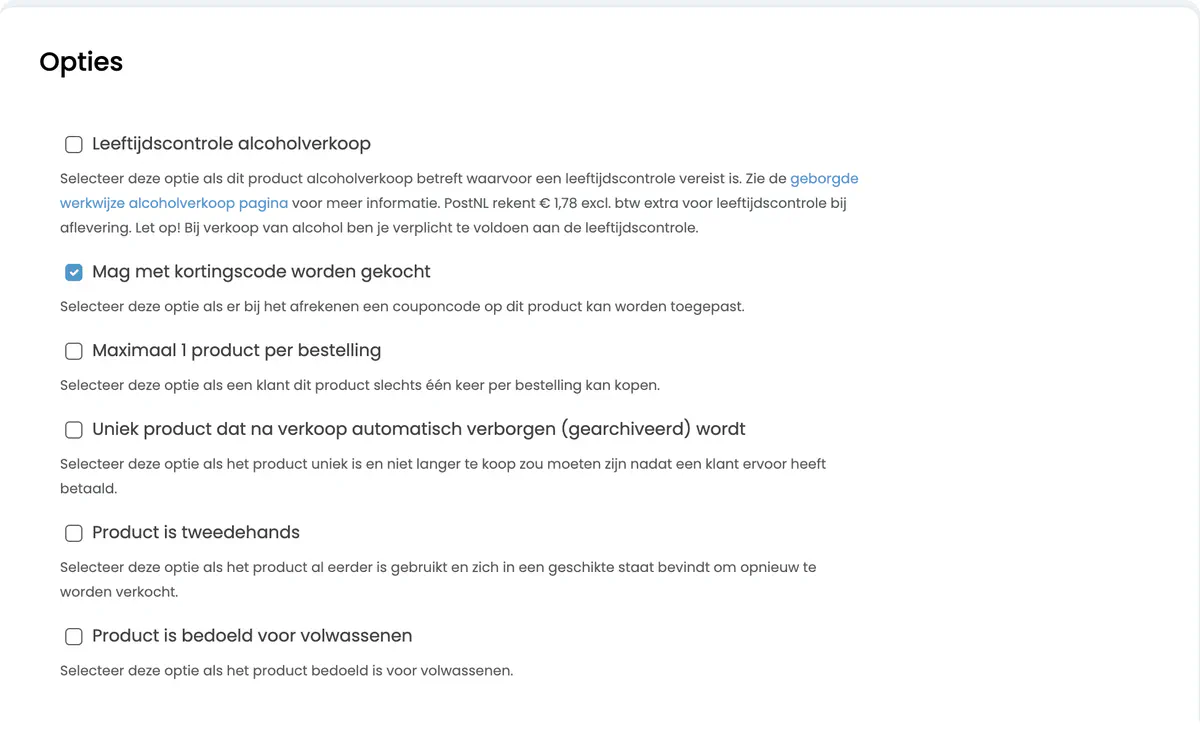 Het tabblad Opties met de zes schakelaars en hun uitleg