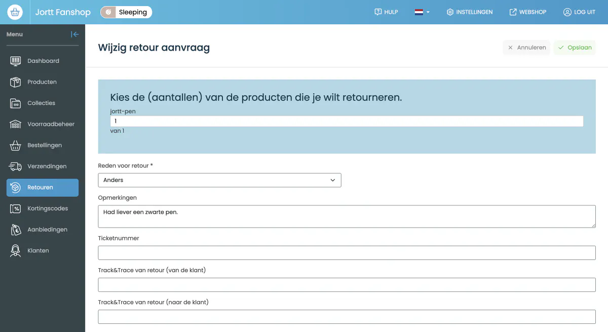 Het retourformulier waarin je de reden van retour invult