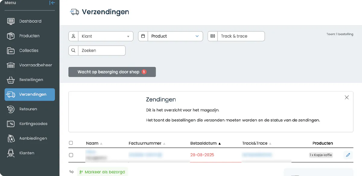 Het overzicht Verzendingen met de filters en de statusknop Wacht op bezorging door shop