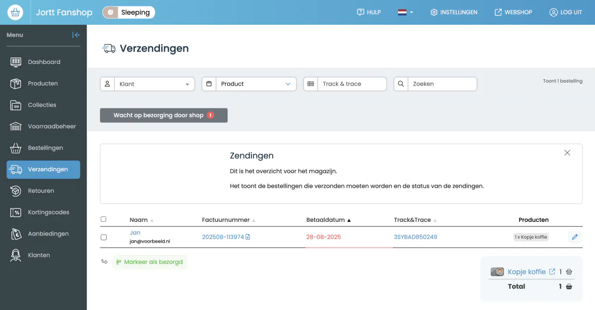 Het verzendoverzicht met de nog te verzenden bestellingen